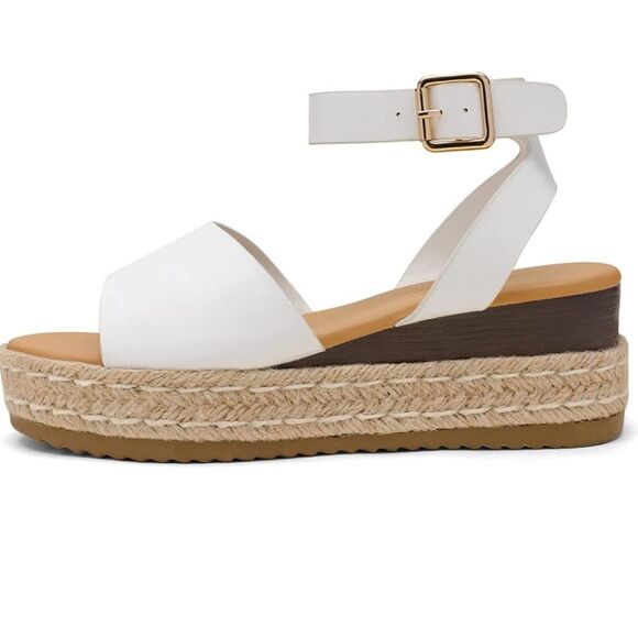 New 7.5 Dream Pairs White Platform Ankle Strap Open Toe Espadrille Wedge Shoes - Picture 2 of 10